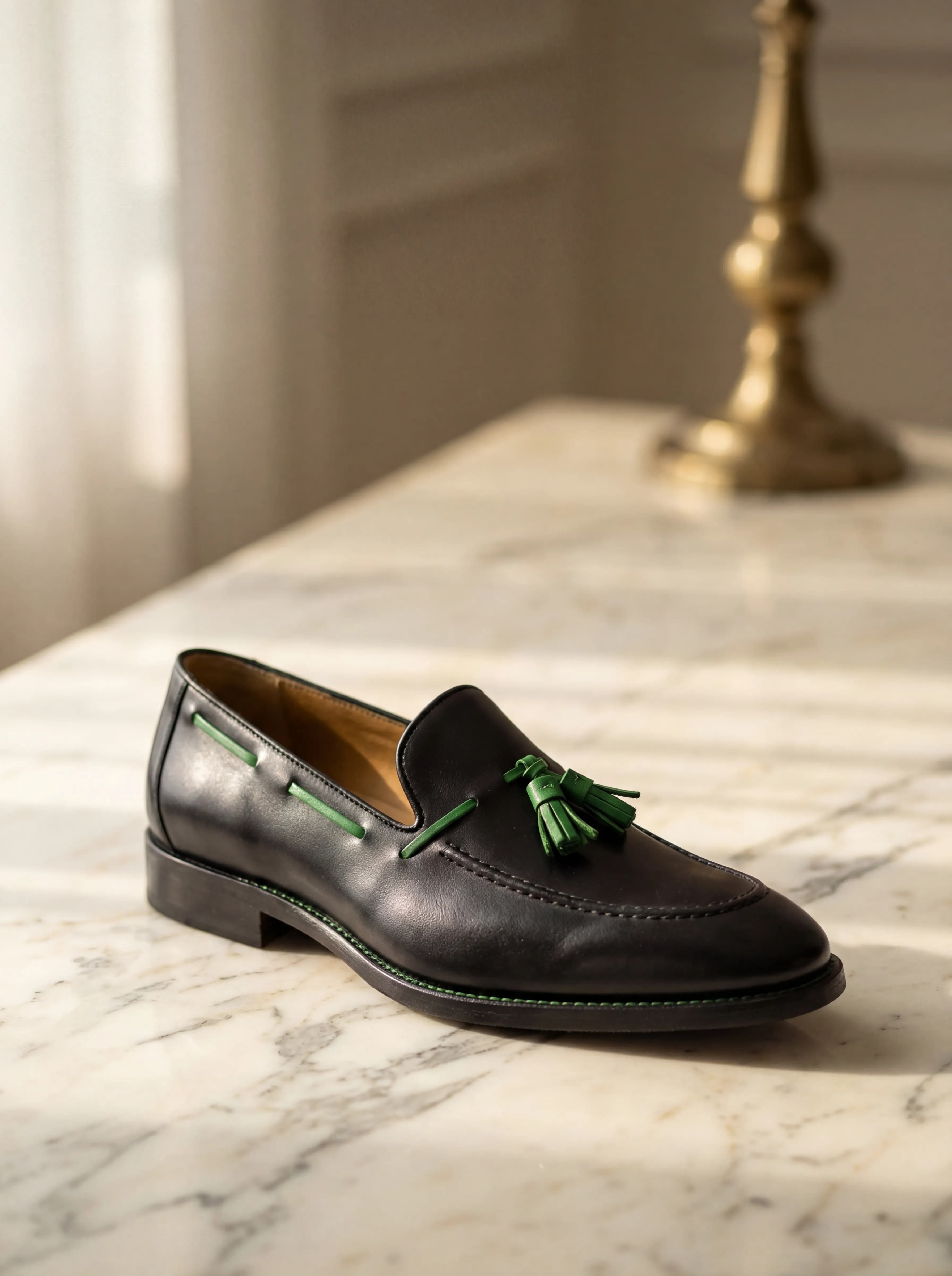 Serfan Tassel Loafers - Elegant black leather with green accents on marble