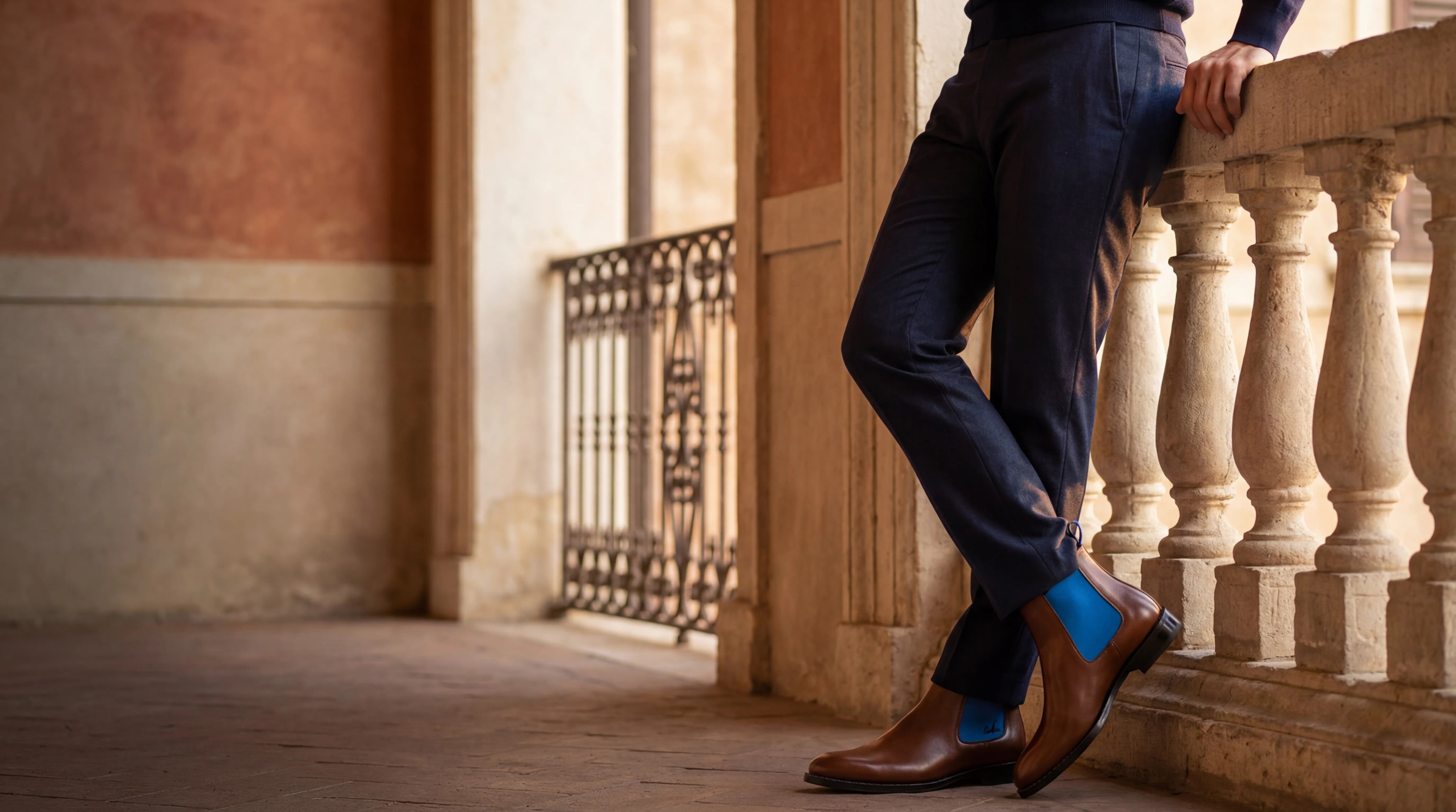 Serfan Chelsea Boot - Brown Leather with Cobalt Blue Accent